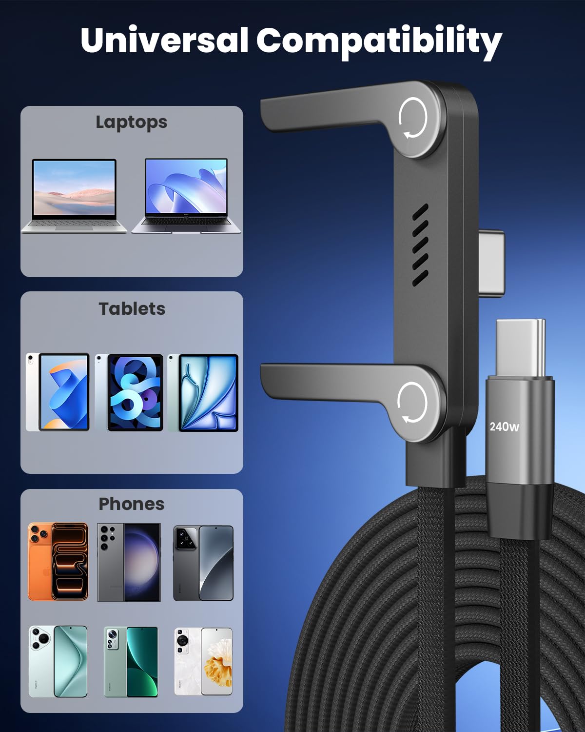 240W USB-C to USB-C cable with built-in phone stand – product image