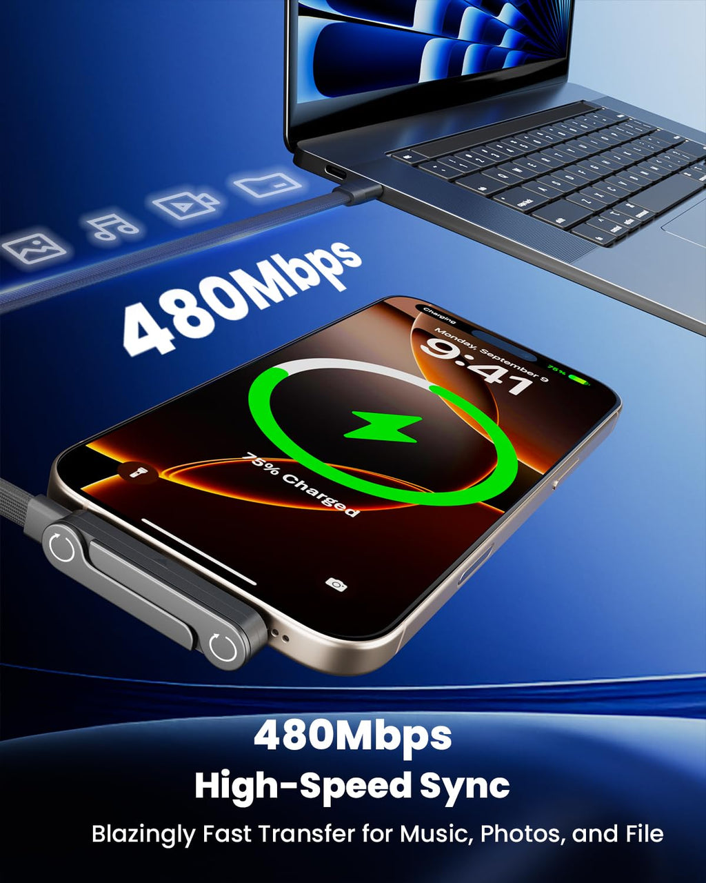 240W USB-C to USB-C cable with built-in phone stand – product image