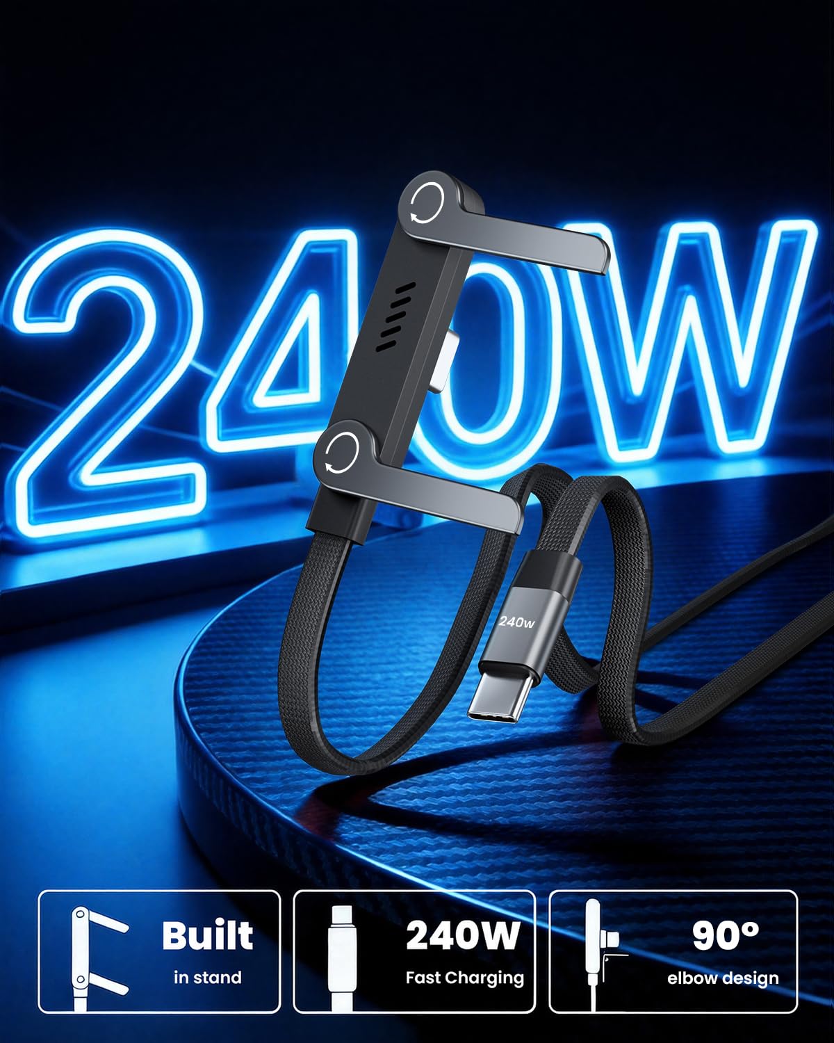 240W USB-C to USB-C cable with built-in phone stand – product image