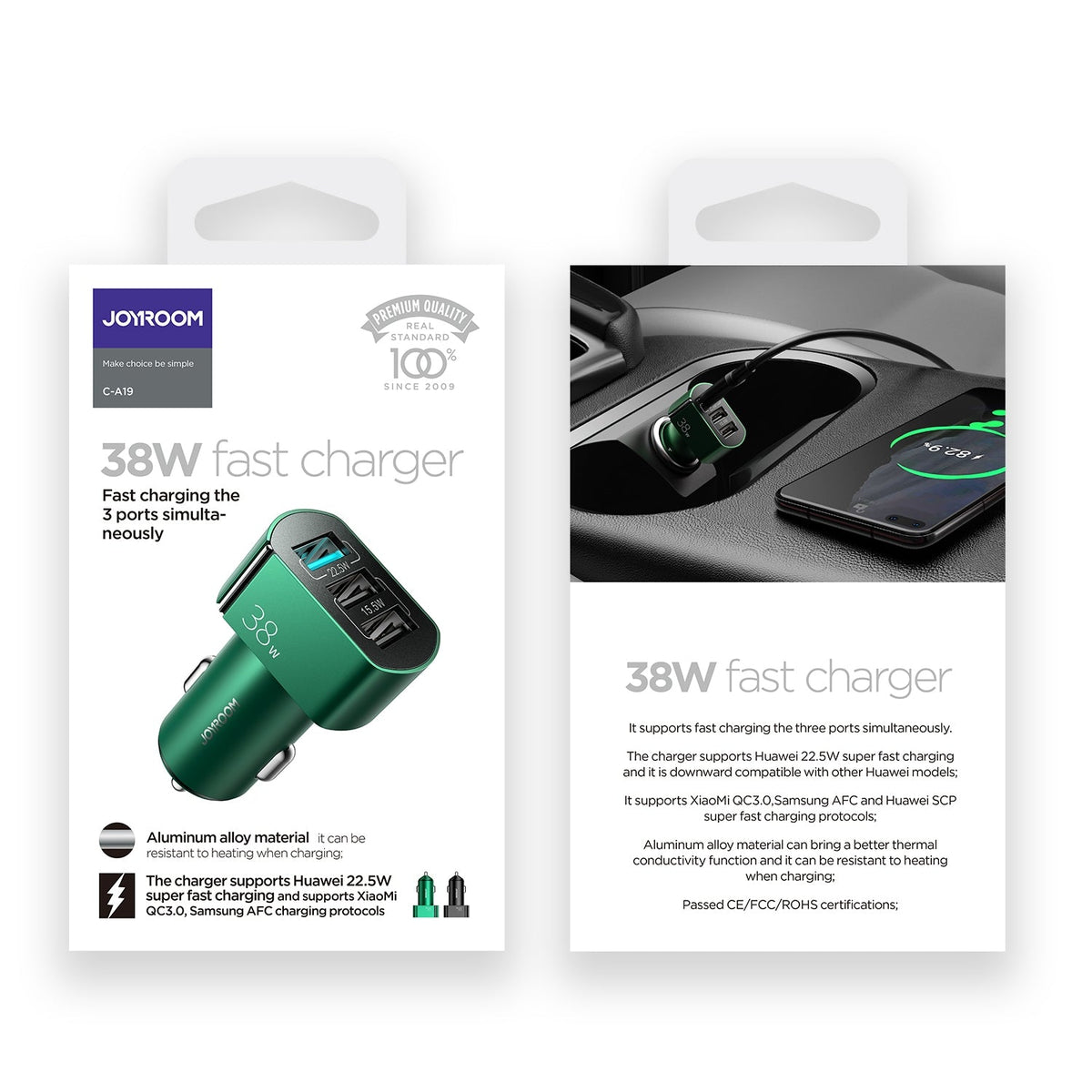 Joyroom C-A19 38W 3-port fast car charger – product image